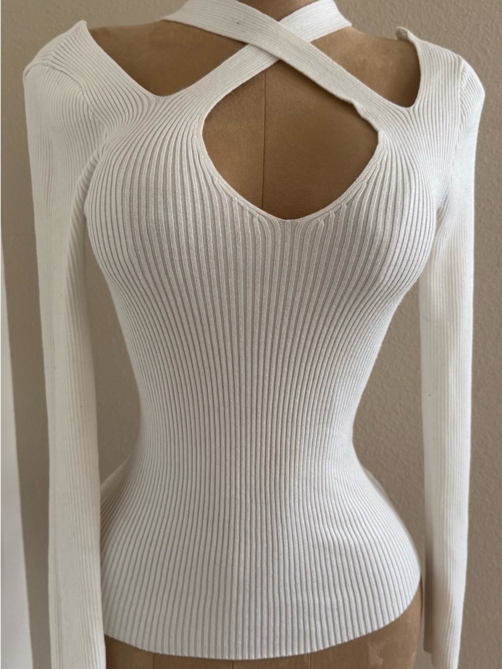 Ribbed Cross-Strap White Knit Top